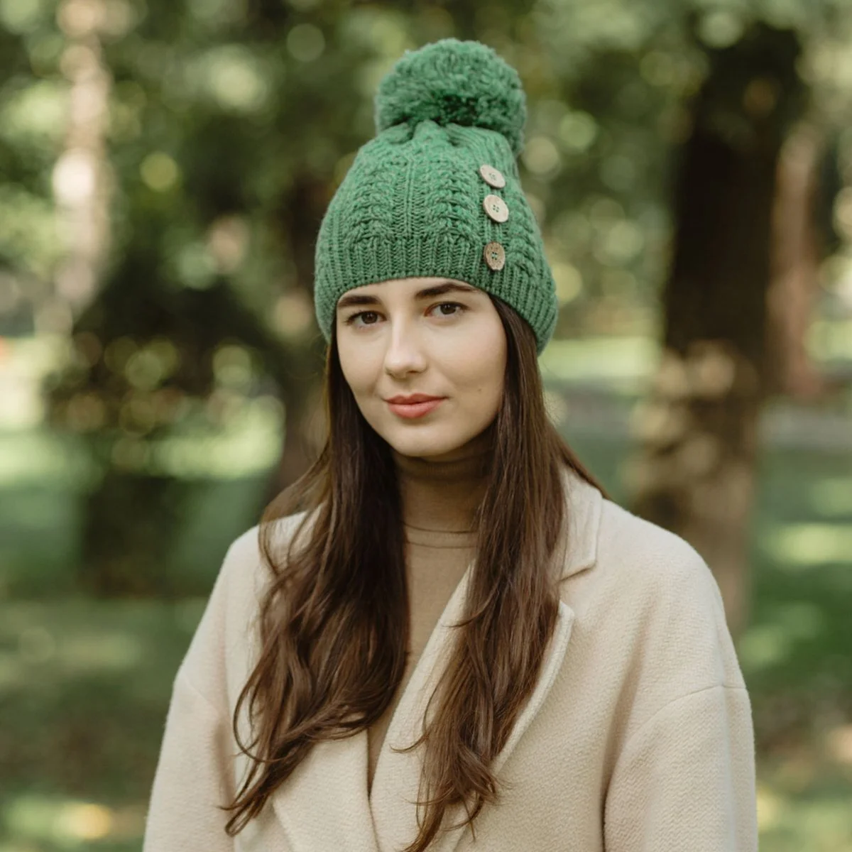 Ladies Button Pom-Pom Wool Hat – Cable Knit Winter Beanie - Image 7 | CeltHaus