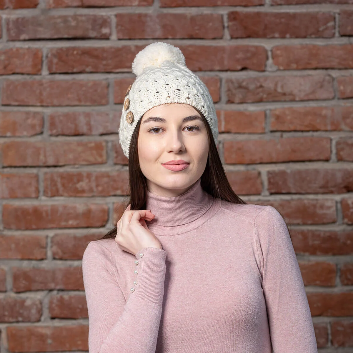 Ladies Button Pom-Pom Wool Hat – Cable Knit Winter Beanie - Image 8 | CeltHaus