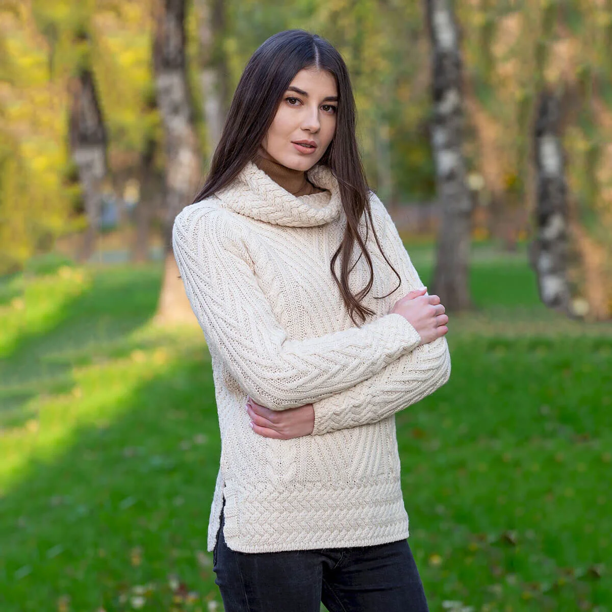 Ladies Merino Wool Blend Turtleneck Cable Knit Sweater – Aran Ribbed Pullover - Knitwear | CeltHaus