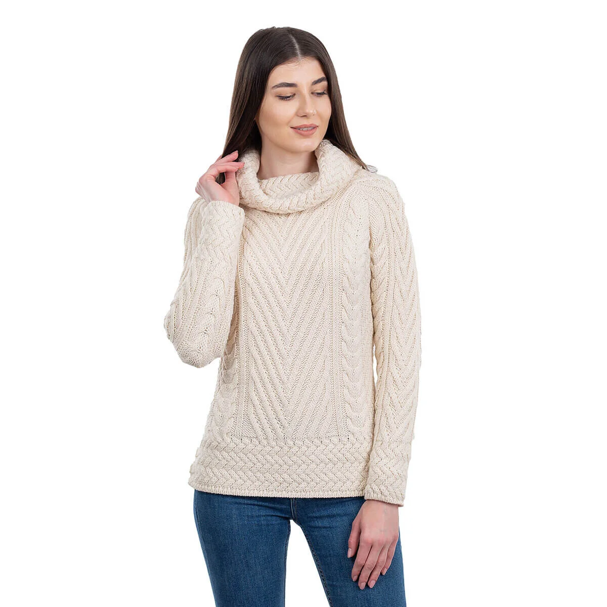 Ladies Merino Wool Blend Turtleneck Cable Knit Sweater – Aran Ribbed Pullover - Image 6 | CeltHaus