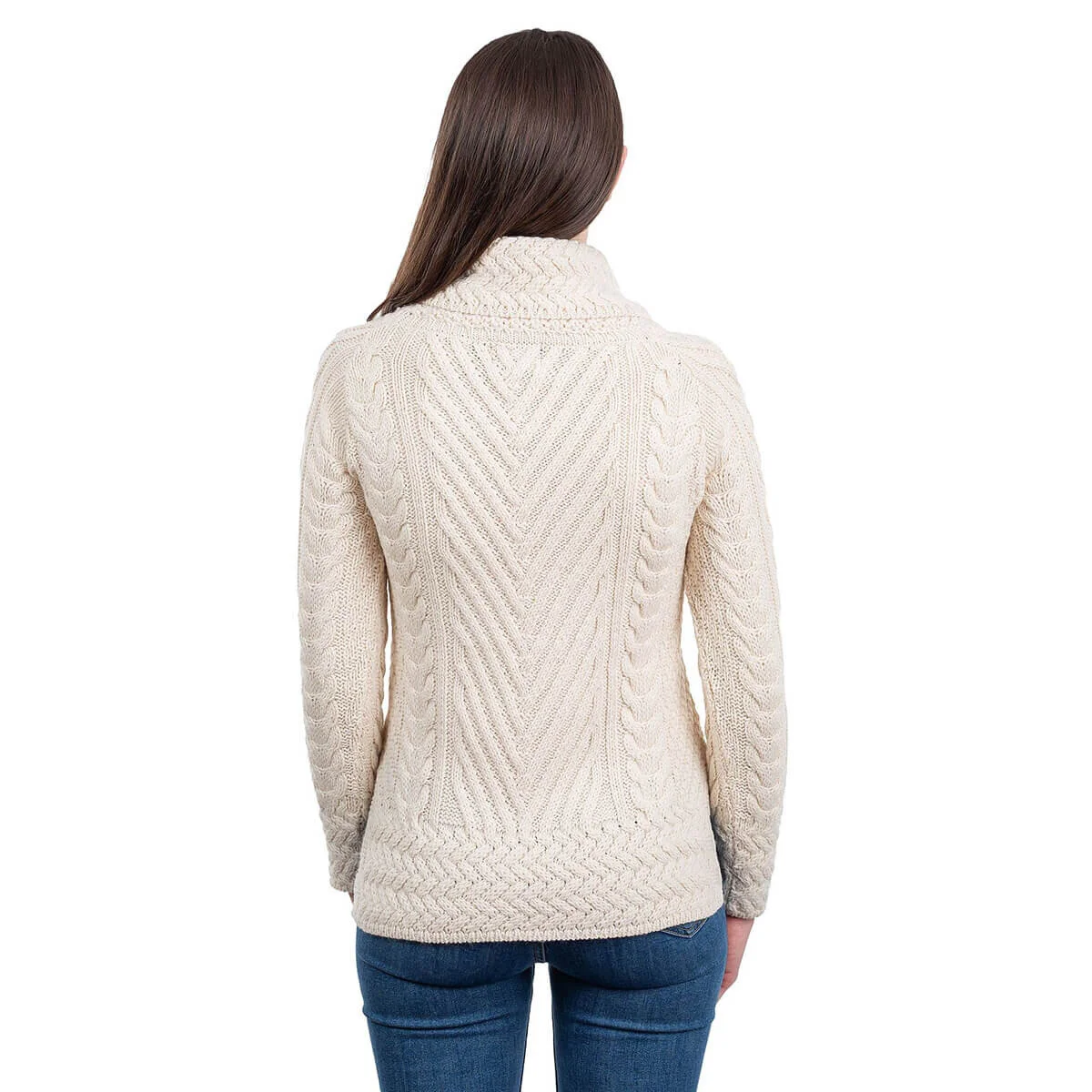 Ladies Merino Wool Blend Turtleneck Cable Knit Sweater – Aran Ribbed Pullover - Image 7 | CeltHaus