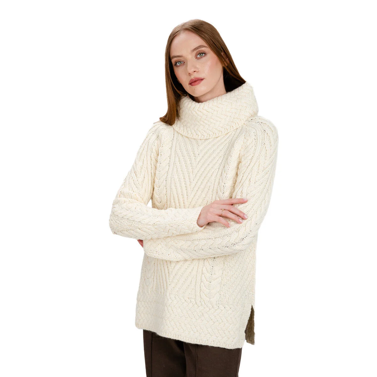 Ladies Merino Wool Blend Turtleneck Cable Knit Sweater – Aran Ribbed Pullover - Image 8 | CeltHaus