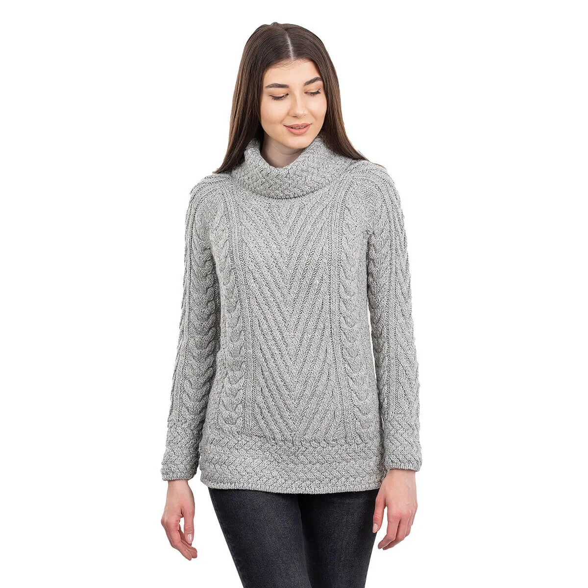 Ladies Merino Wool Blend Turtleneck Cable Knit Sweater – Aran Ribbed Pullover - Image 11 | CeltHaus