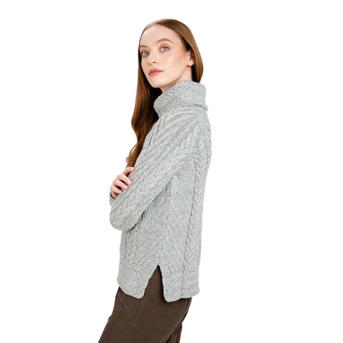 Ladies Merino Wool Blend Turtleneck Cable Knit Sweater – Aran Ribbed Pullover - Image 14 | CeltHaus