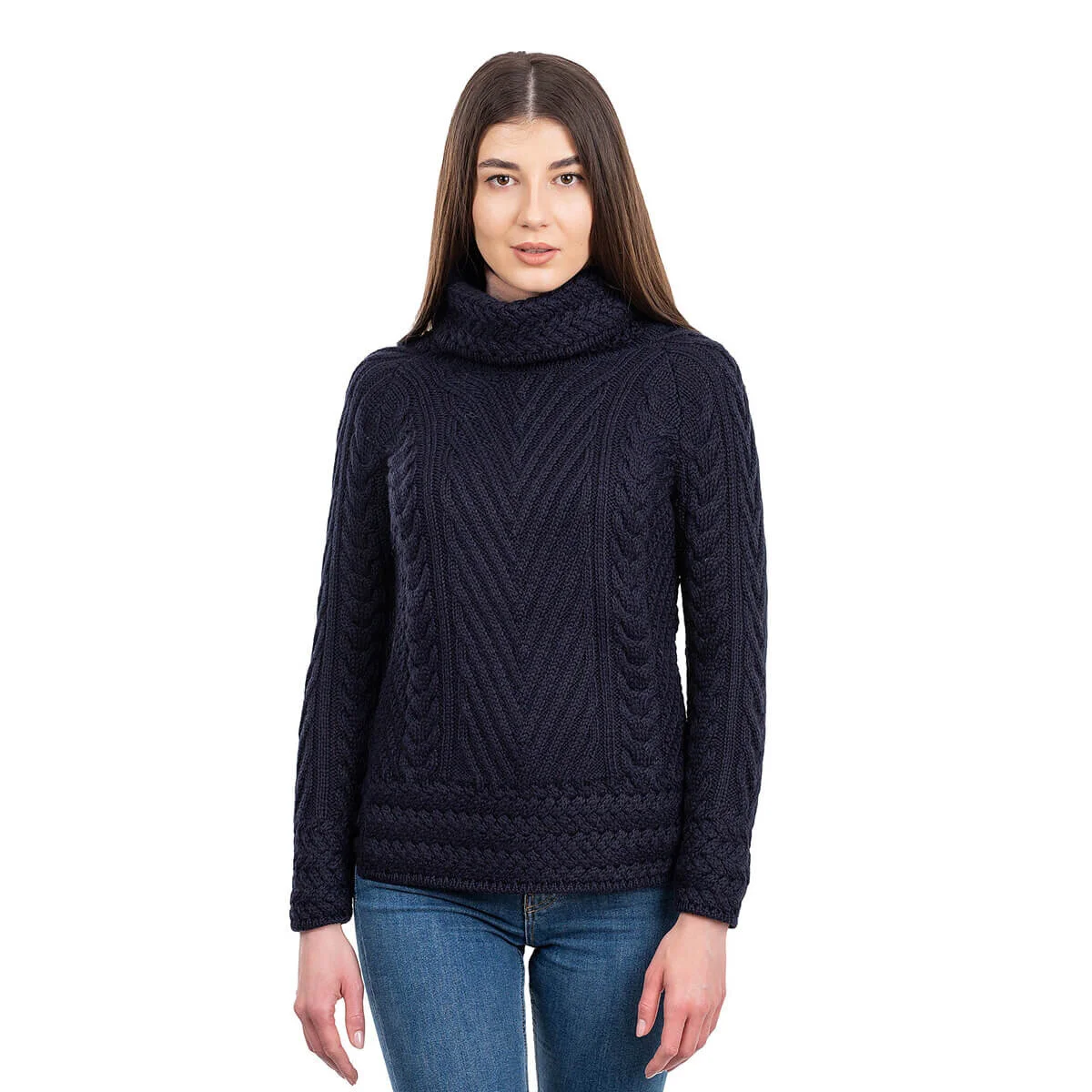 Ladies Merino Wool Blend Turtleneck Cable Knit Sweater – Aran Ribbed Pullover - Image 17 | CeltHaus