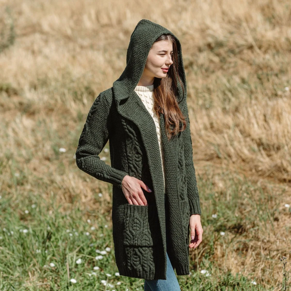 Ladies Merino Wool Long Hooded Cardigan – Classic Fit Aran Knit Open Front Sweater - Image 6 | CeltHaus