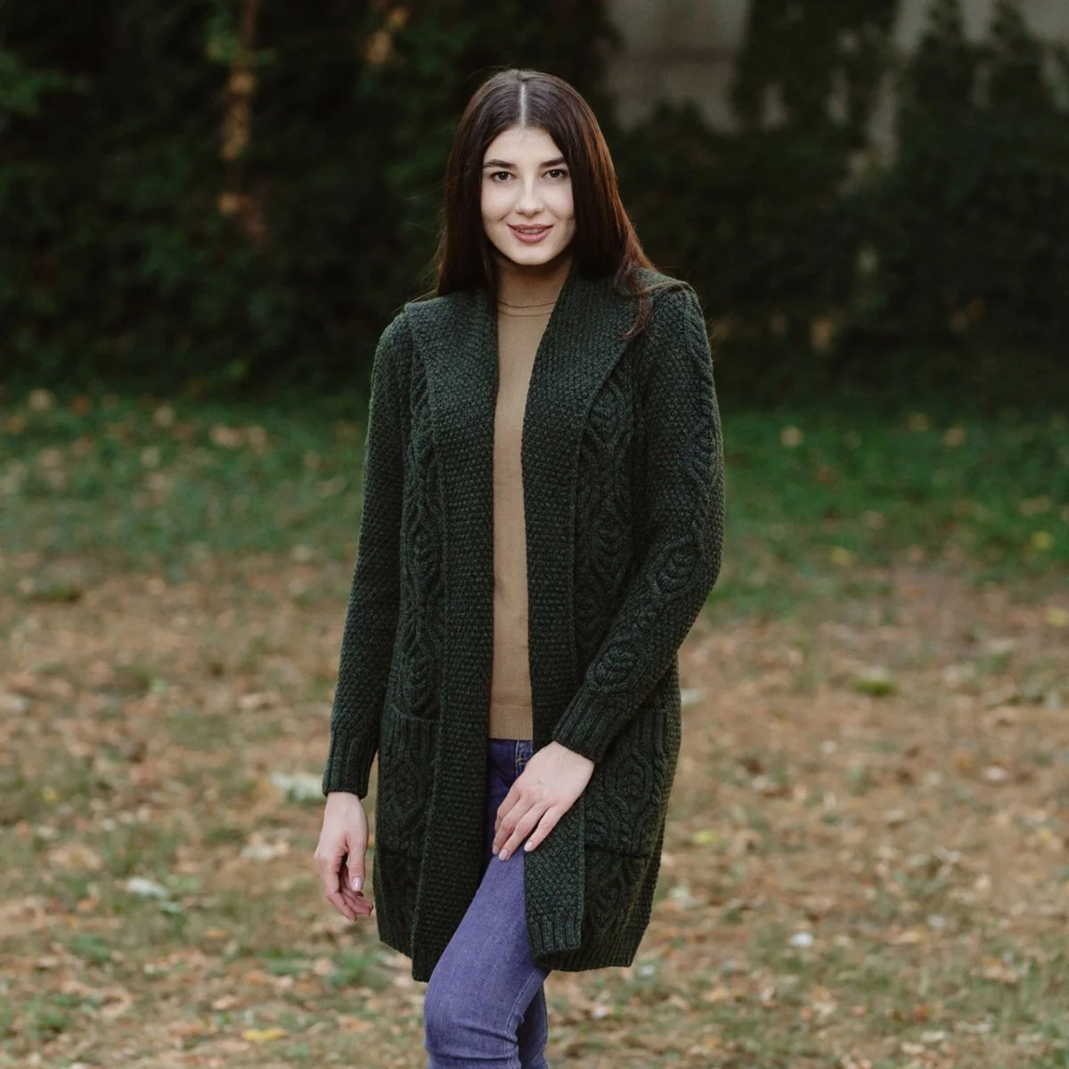Ladies Merino Wool Long Hooded Cardigan – Classic Fit Aran Knit Open Front Sweater - Image 7 | CeltHaus