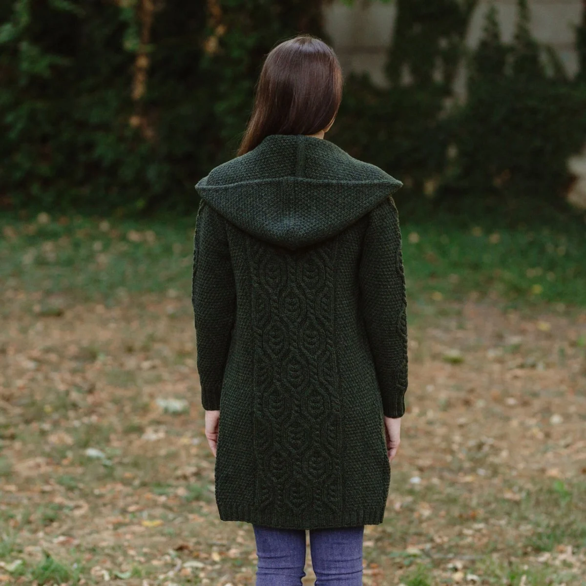 Ladies Merino Wool Long Hooded Cardigan – Classic Fit Aran Knit Open Front Sweater - Image 8 | CeltHaus