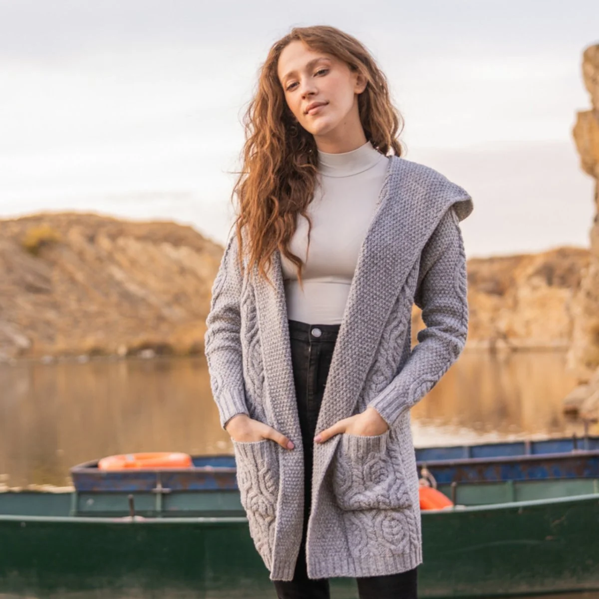 Ladies Merino Wool Long Hooded Cardigan – Classic Fit Aran Knit Open Front Sweater | CeltHaus