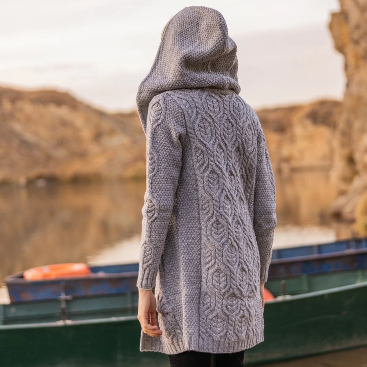 Ladies Merino Wool Long Hooded Cardigan – Classic Fit Aran Knit Open Front Sweater - Image 3 | CeltHaus