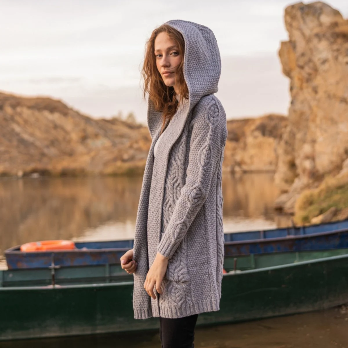 Ladies Merino Wool Long Hooded Cardigan – Classic Fit Aran Knit Open Front Sweater - Image 4 | CeltHaus