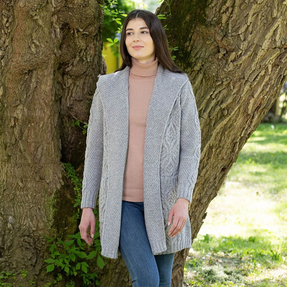 Ladies Merino Wool Long Hooded Cardigan – Classic Fit Aran Knit Open Front Sweater - Image 5 | CeltHaus