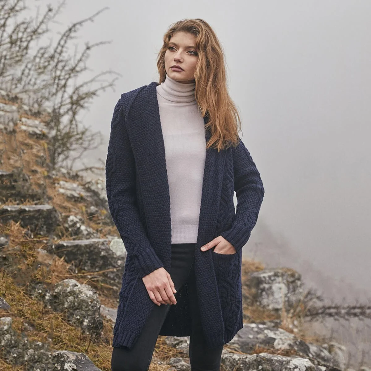 Ladies Merino Wool Long Hooded Cardigan – Classic Fit Aran Knit Open Front Sweater - Image 9 | CeltHaus