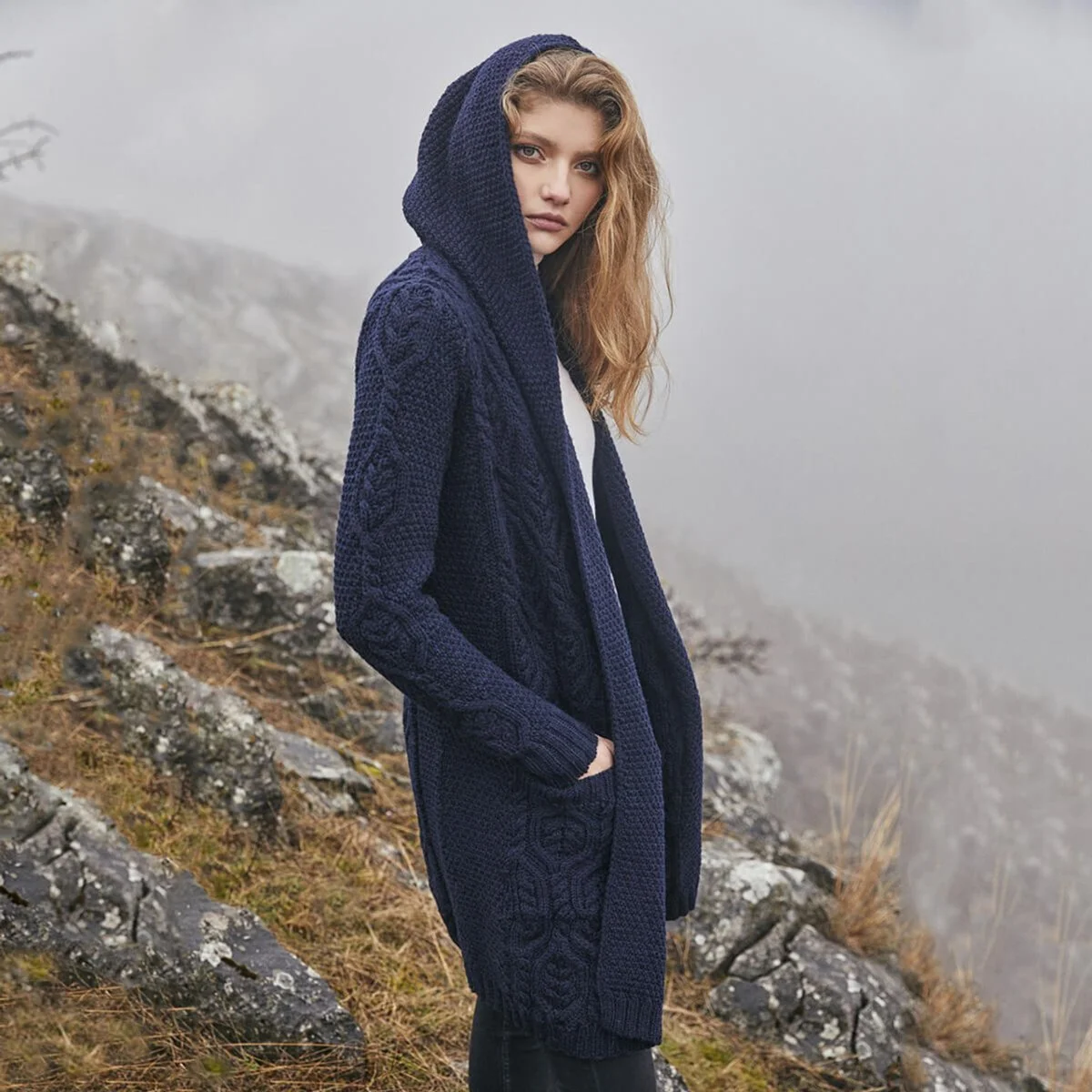 Ladies Merino Wool Long Hooded Cardigan – Classic Fit Aran Knit Open Front Sweater - Image 10 | CeltHaus