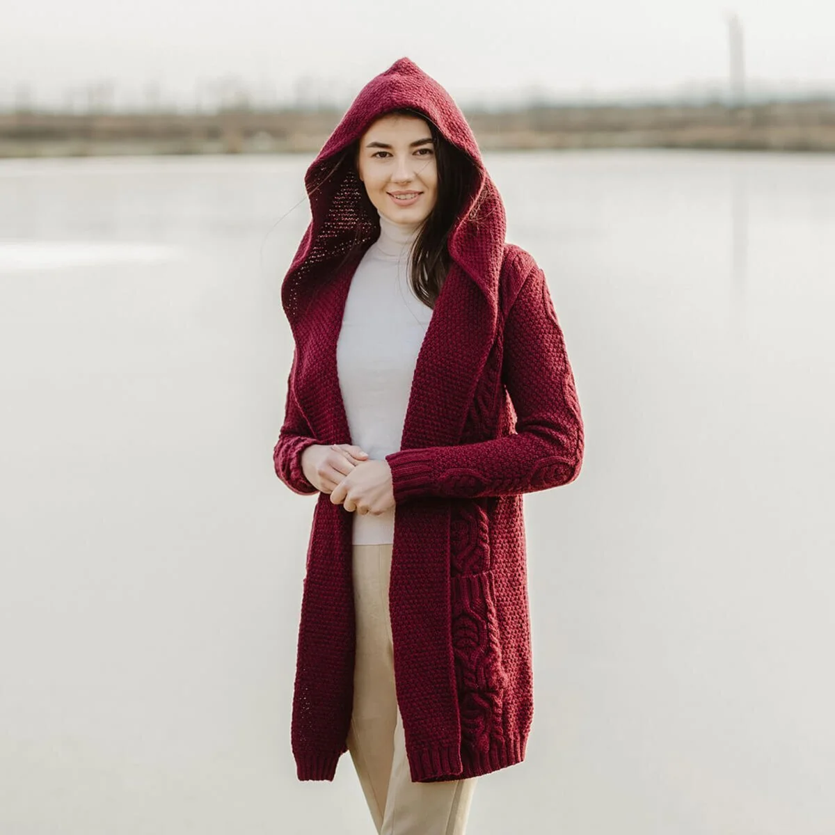 Ladies Merino Wool Long Hooded Cardigan – Classic Fit Aran Knit Open Front Sweater - Image 13 | CeltHaus