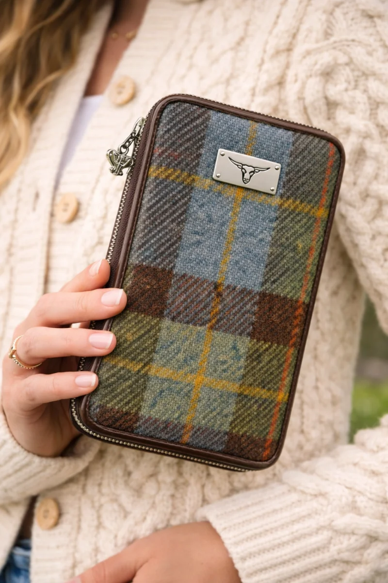 Long Scottish Harris Tweed Zip Purse – Staffa Tartan Wallet with Highland Cow Detail - Bags & Purses | CeltHaus