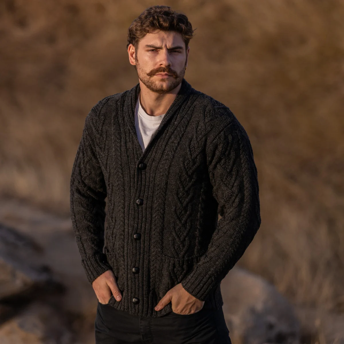 Men’s Aran Cable Shawl Collar Cardigan – 100% Merino Wool Irish Knit - Image 2 | CeltHaus
