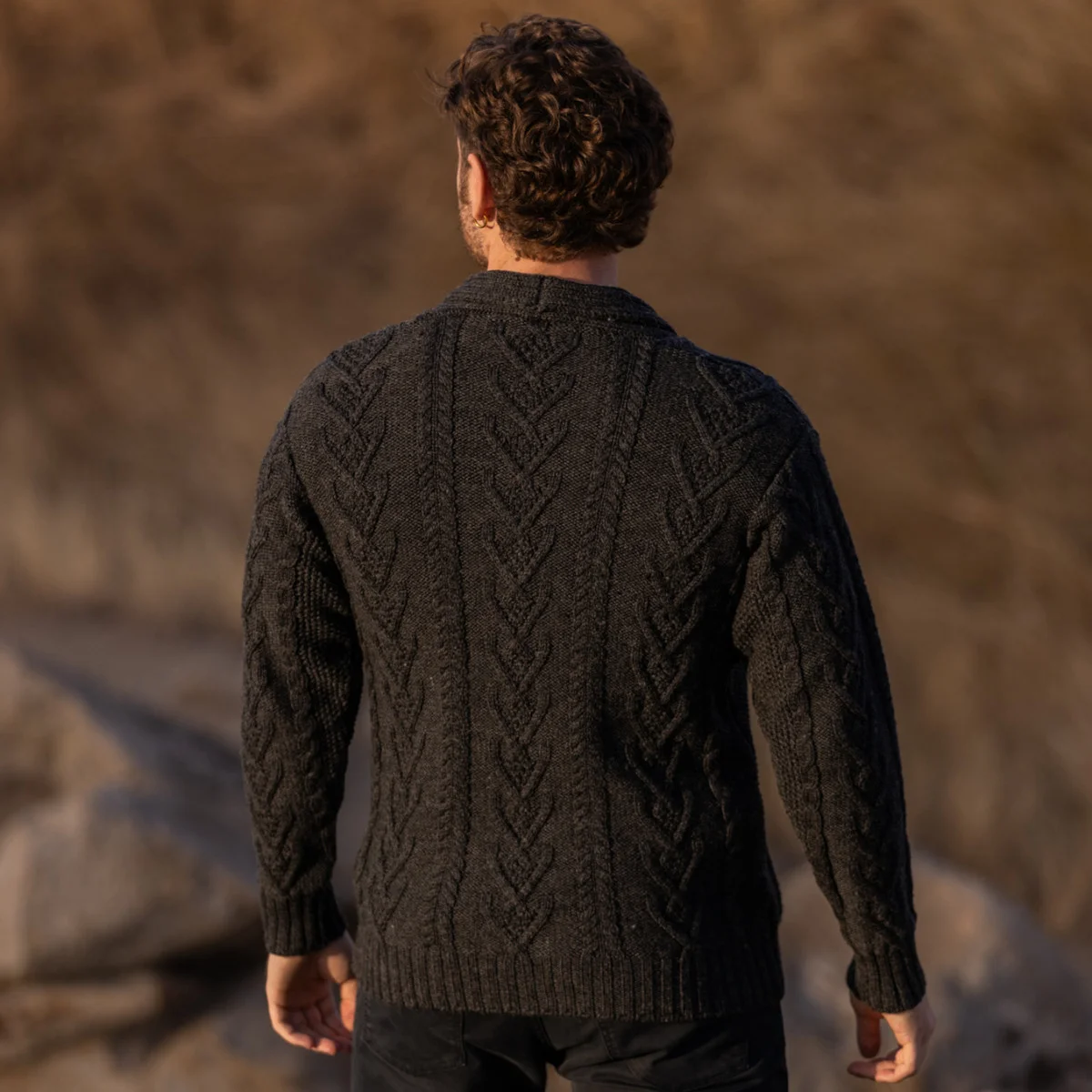 Men’s Aran Cable Shawl Collar Cardigan – 100% Merino Wool Irish Knit - Image 3 | CeltHaus