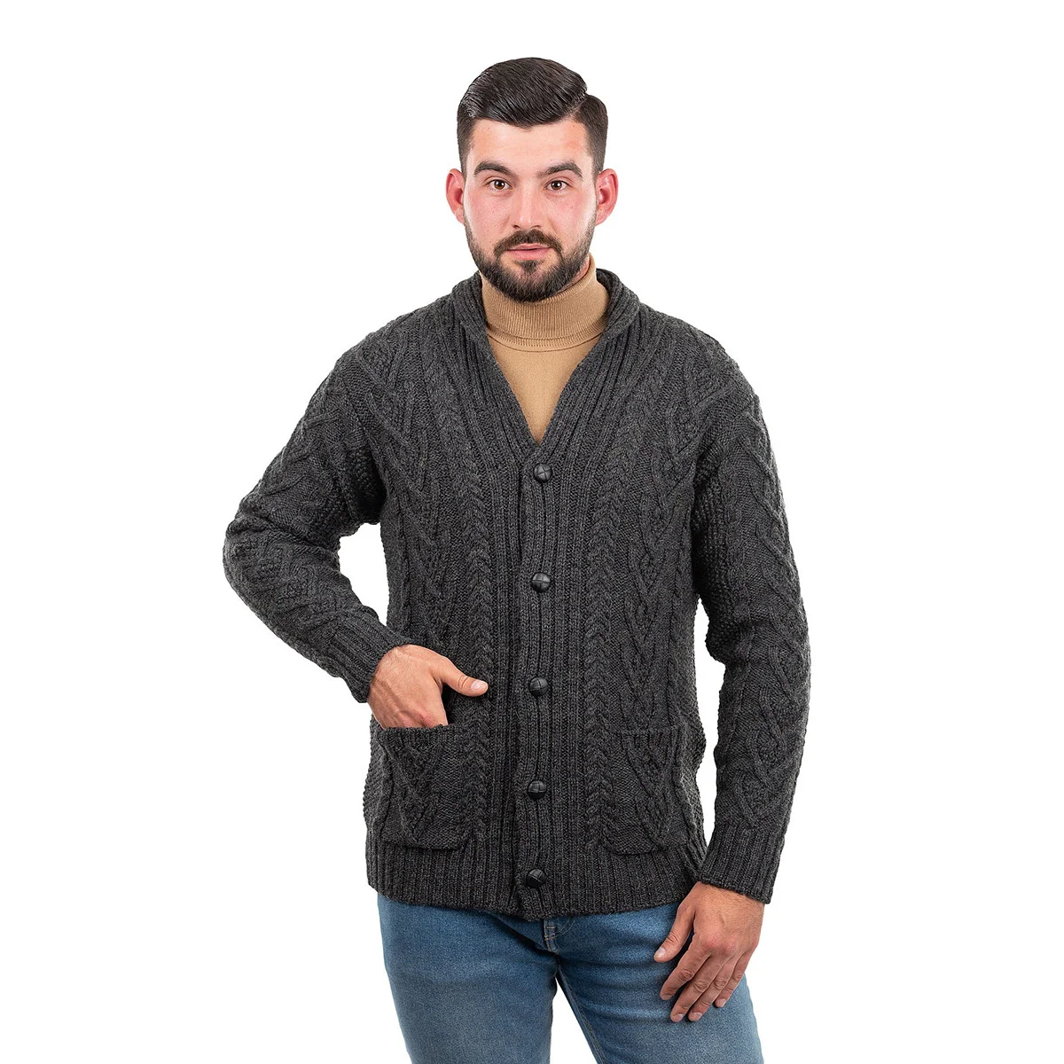 Men’s Aran Cable Shawl Collar Cardigan – 100% Merino Wool Irish Knit - Image 5 | CeltHaus