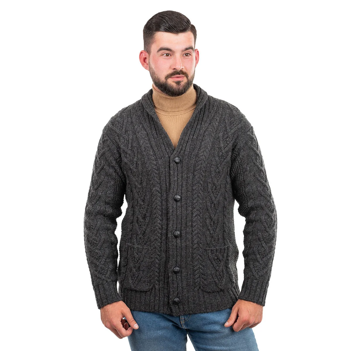 Men’s Aran Cable Shawl Collar Cardigan – 100% Merino Wool Irish Knit - Image 6 | CeltHaus
