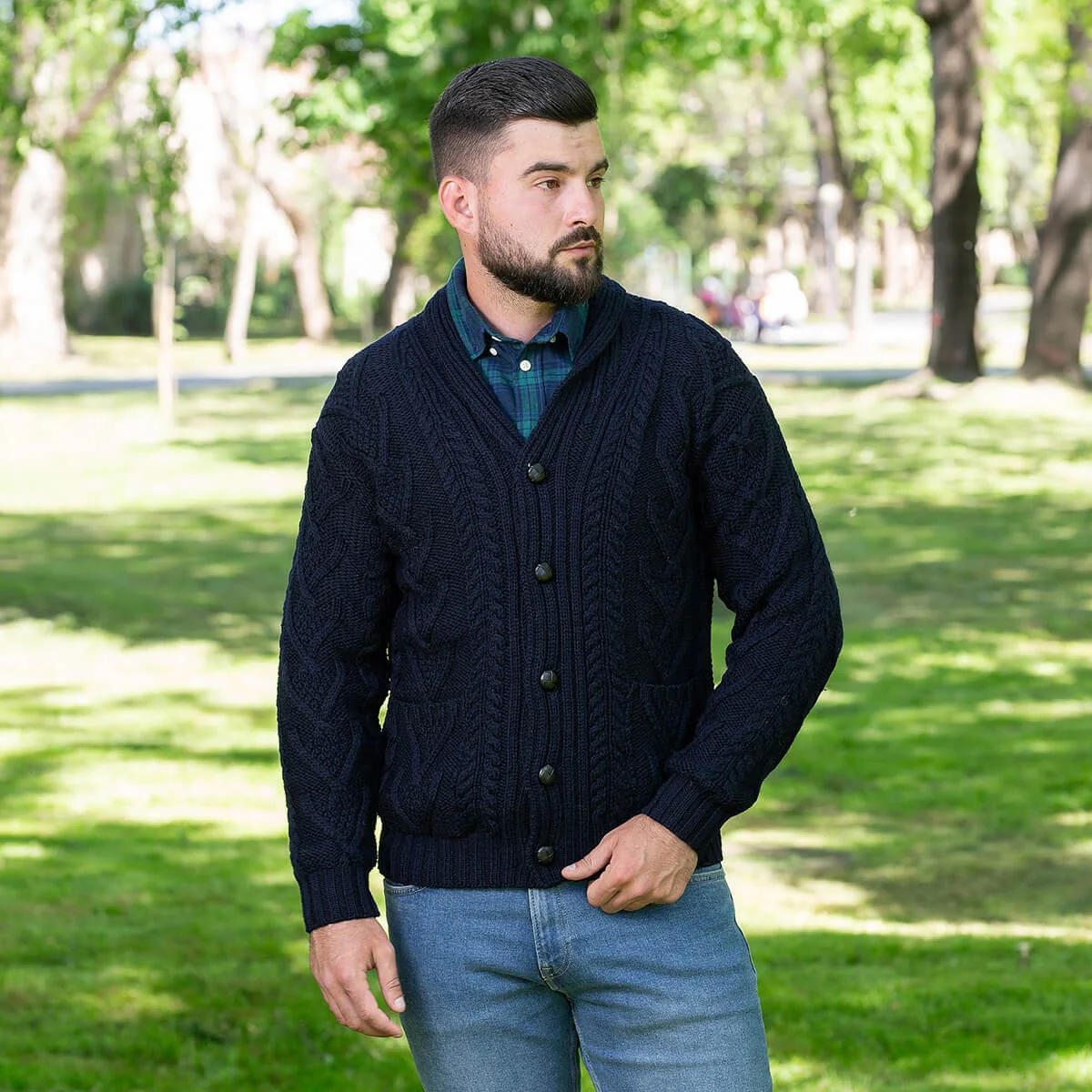 Men’s Aran Cable Shawl Collar Cardigan – 100% Merino Wool Irish Knit - Image 15 | CeltHaus