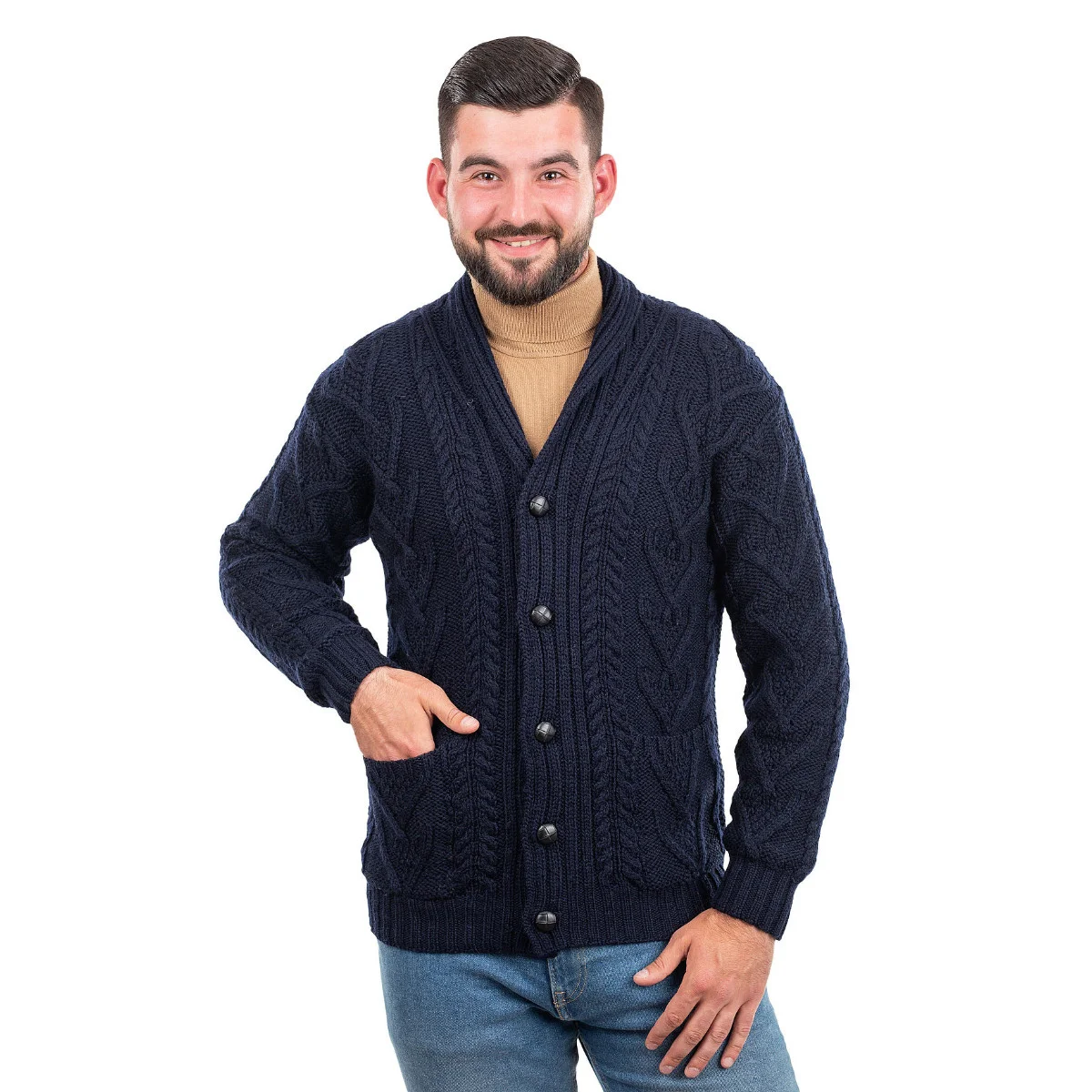 Men’s Aran Cable Shawl Collar Cardigan – 100% Merino Wool Irish Knit - Image 20 | CeltHaus