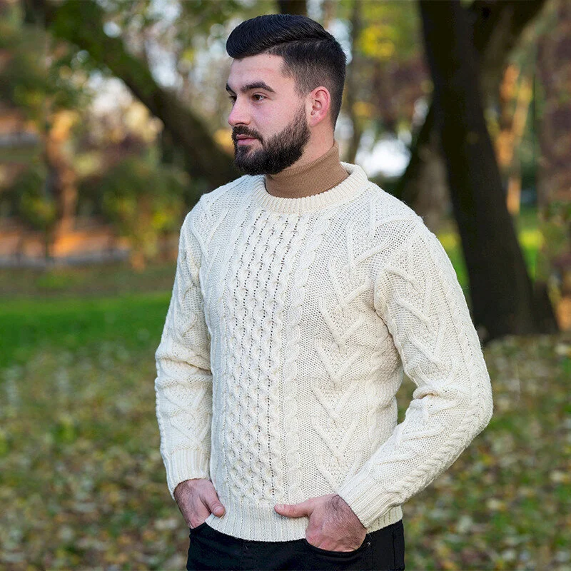 Men’s Merino Wool Aran Sweater – Classic Irish Cable Knit Crew Neck Jumper - Image 3 | CeltHaus
