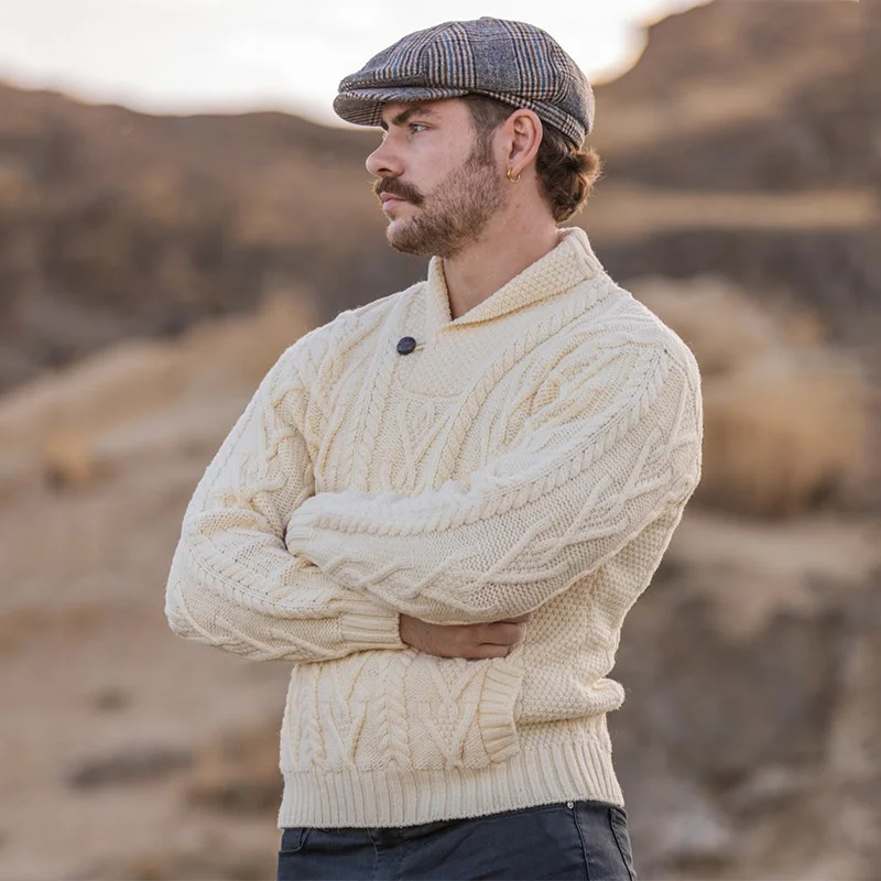 Men’s Merino Wool Shawl Collar Sweater – Single Button Irish Knit - Image 6 | CeltHaus