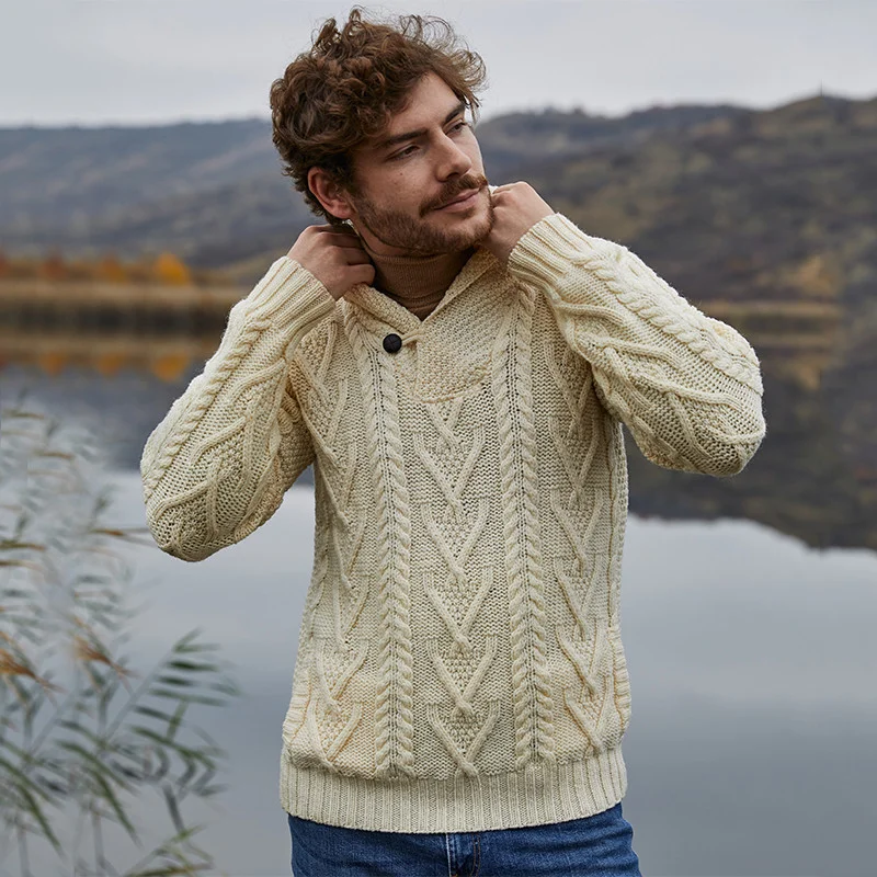 Men’s Merino Wool Shawl Collar Sweater – Single Button Irish Knit | CeltHaus