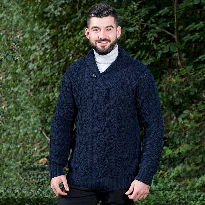 Men’s Merino Wool Shawl Collar Sweater – Single Button Irish Knit - Image 4 | CeltHaus