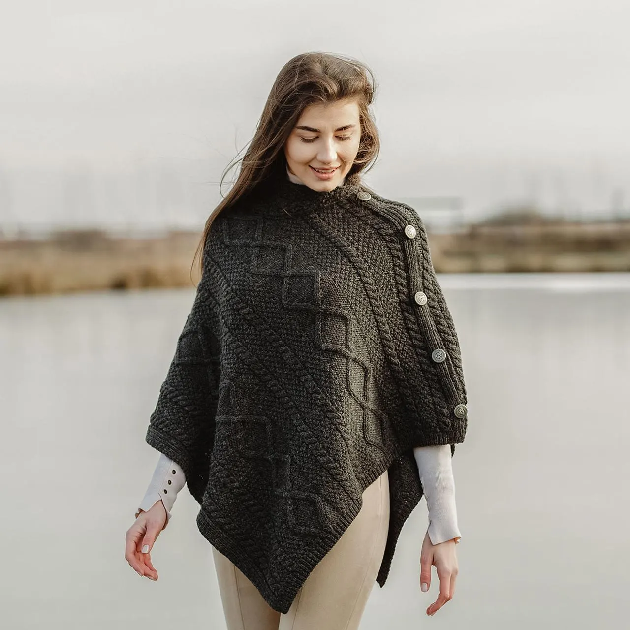 Merino Wool Cable Stitch Cowl Neck Poncho | Celtic Buttoned Irish Wrap | CeltHaus