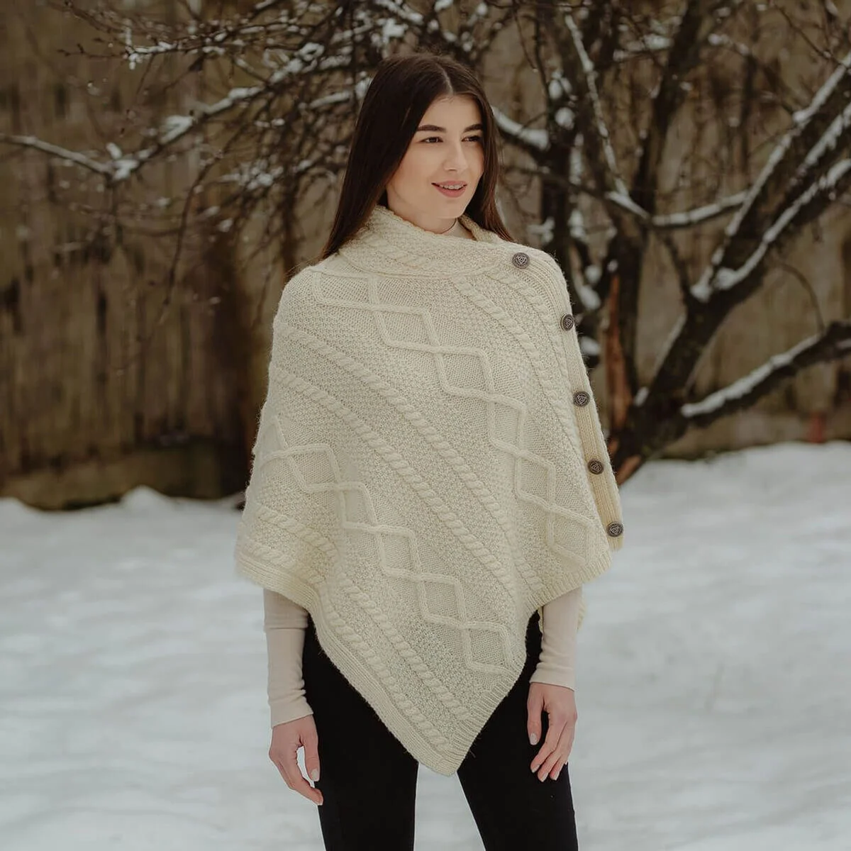 Merino Wool Cable Stitch Cowl Neck Poncho | Celtic Buttoned Irish Wrap - Image 3 | CeltHaus