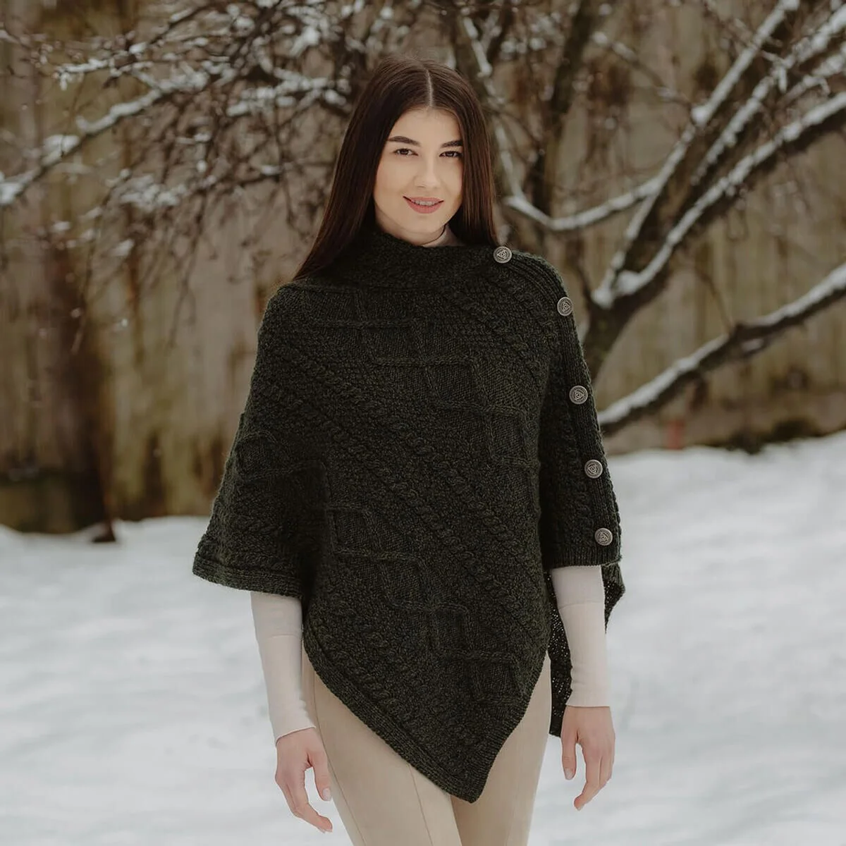 Merino Wool Cable Stitch Cowl Neck Poncho | Celtic Buttoned Irish Wrap - Image 6 | CeltHaus