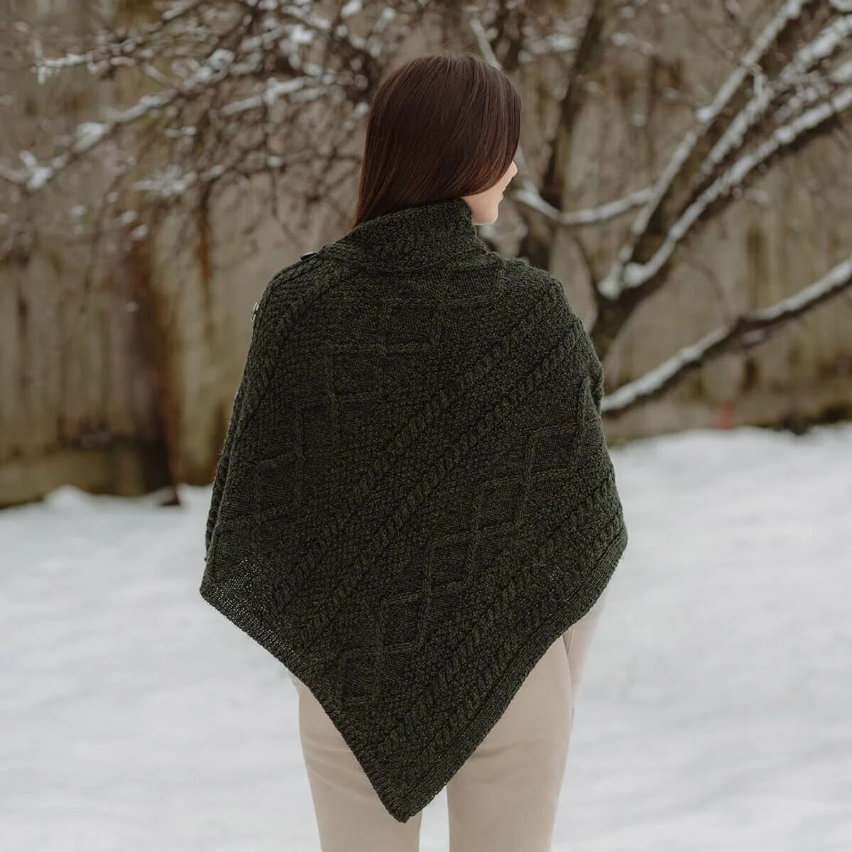 Merino Wool Cable Stitch Cowl Neck Poncho | Celtic Buttoned Irish Wrap - Image 7 | CeltHaus