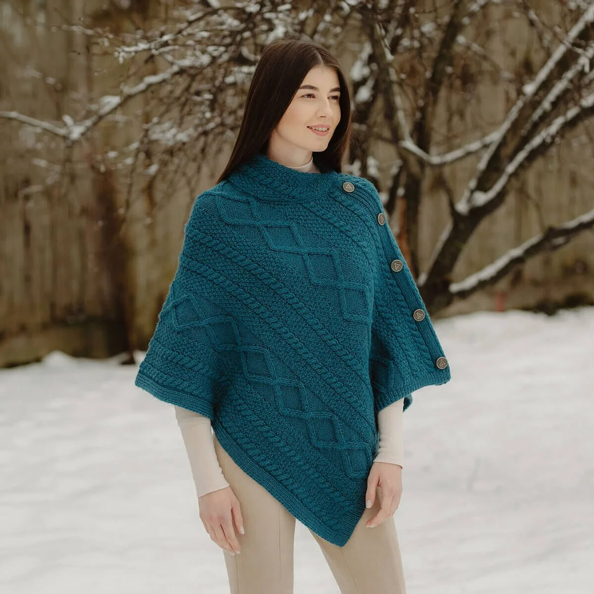 Merino Wool Cable Stitch Cowl Neck Poncho | Celtic Buttoned Irish Wrap - Image 8 | CeltHaus