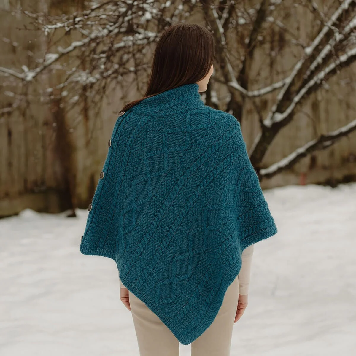 Merino Wool Cable Stitch Cowl Neck Poncho | Celtic Buttoned Irish Wrap - Image 9 | CeltHaus