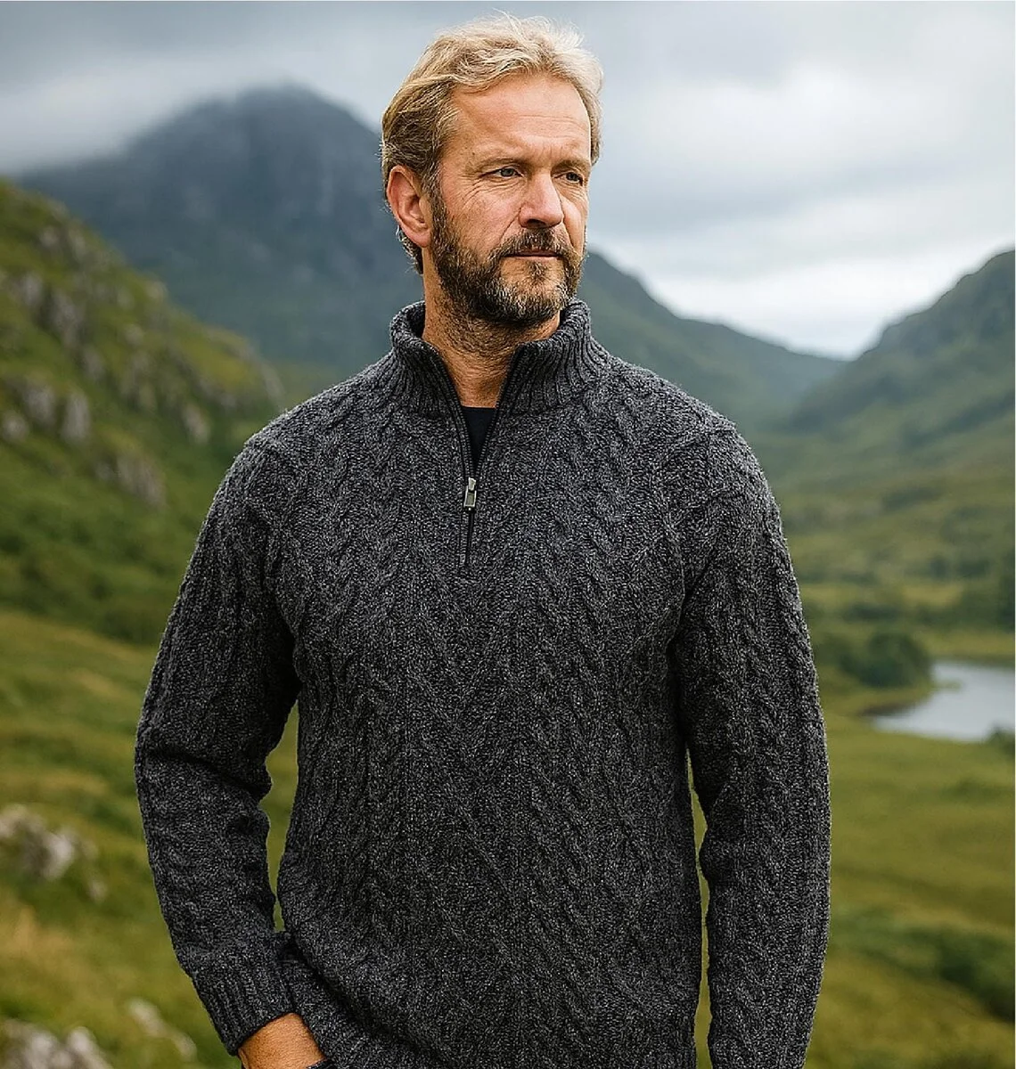 Merino Wool Aran Knit Men's Zip Sweater - Image 8 | CeltHaus