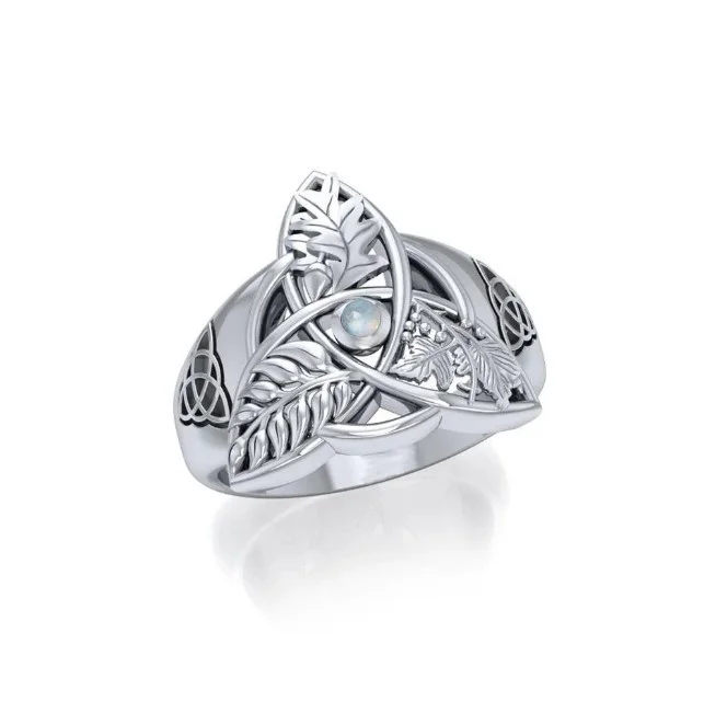 Oak, Ash & Thorn Trinity Knot Silver Ring with Rainbow Moonstone - Image 2 | CeltHaus