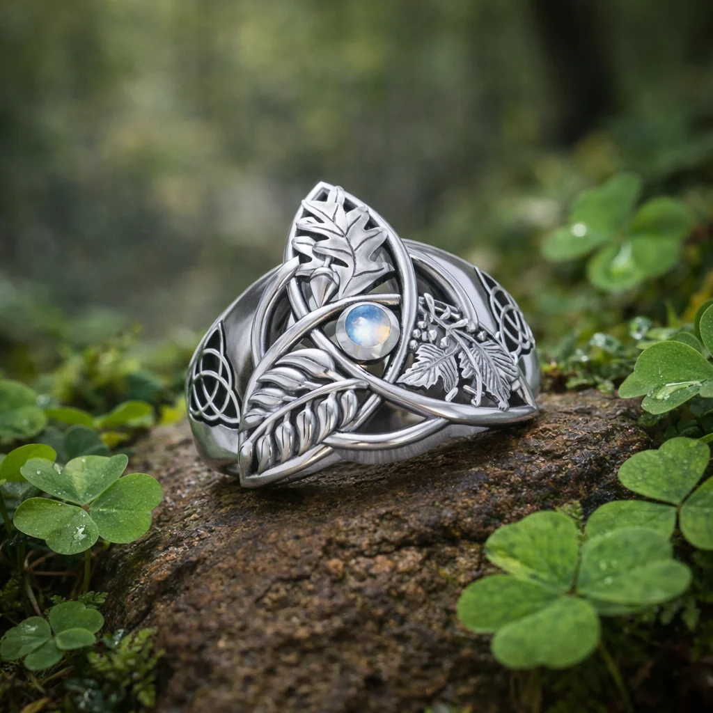Oak, Ash & Thorn Trinity Knot Silver Ring with Rainbow Moonstone - Jewelry | CeltHaus