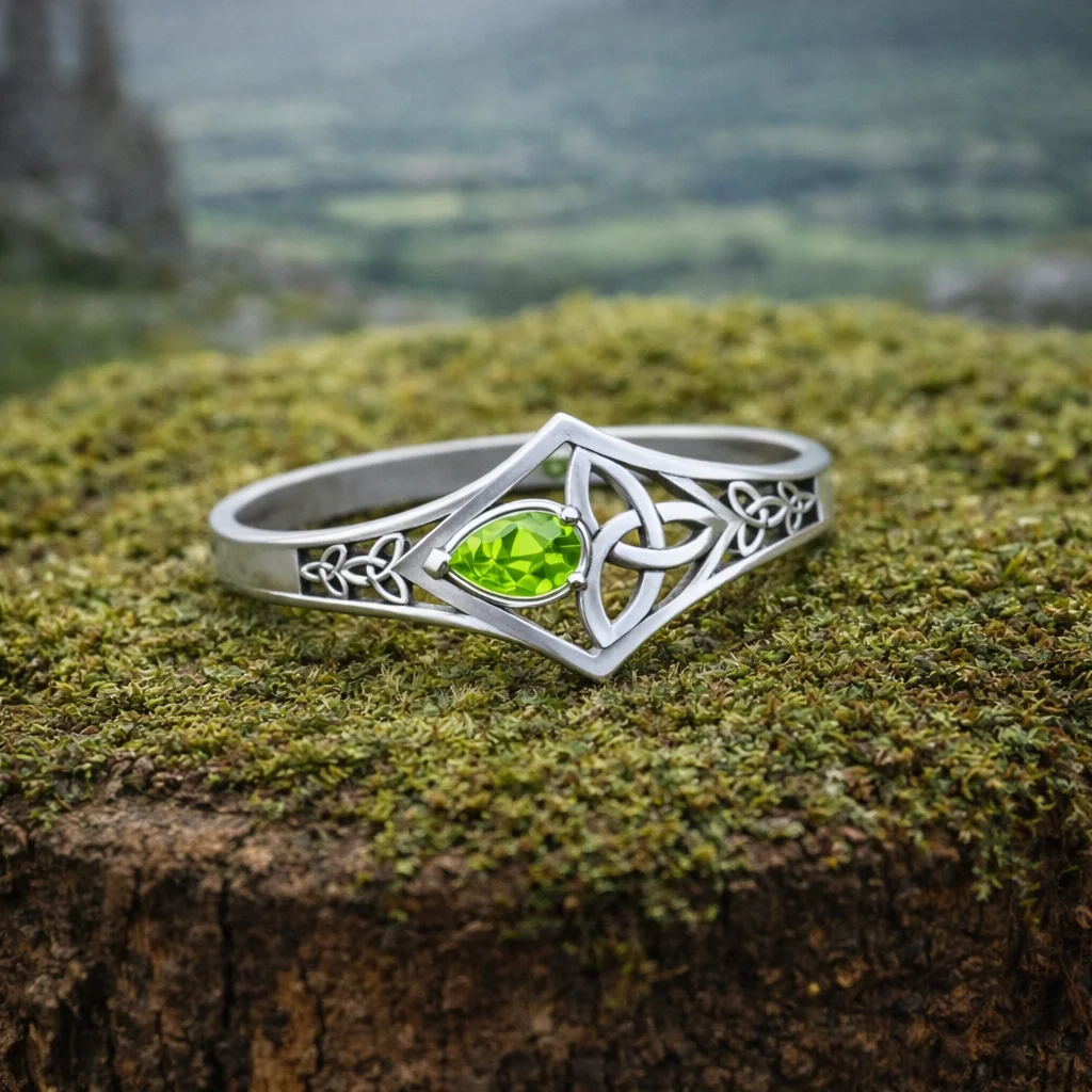 Peridot Gemstone Trinity Knot Engraved Silver Ring – Celtic Symbol Jewelry - Featured Product | CeltHaus