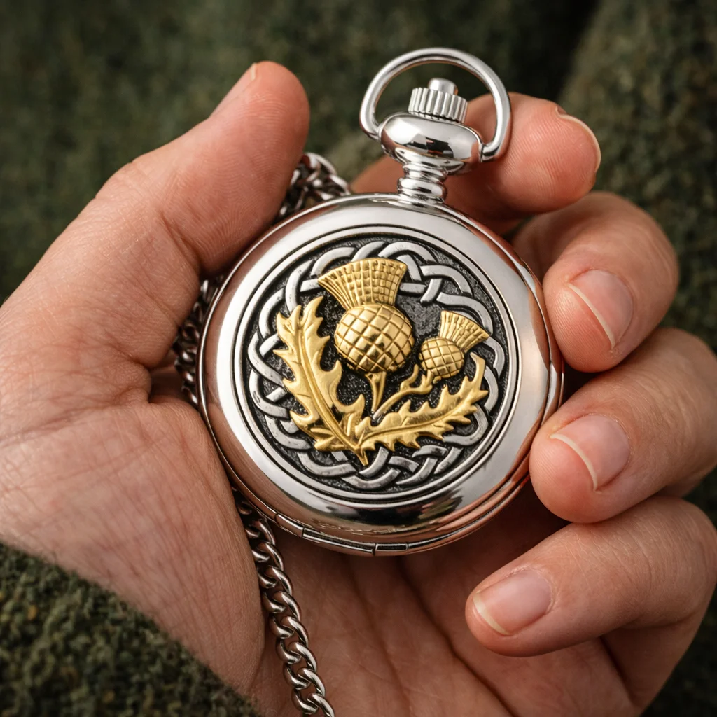 Pewter Thistle Quartz Pocket Watch – Celtic Scottish Heritage Timepiece - Image 3 | CeltHaus