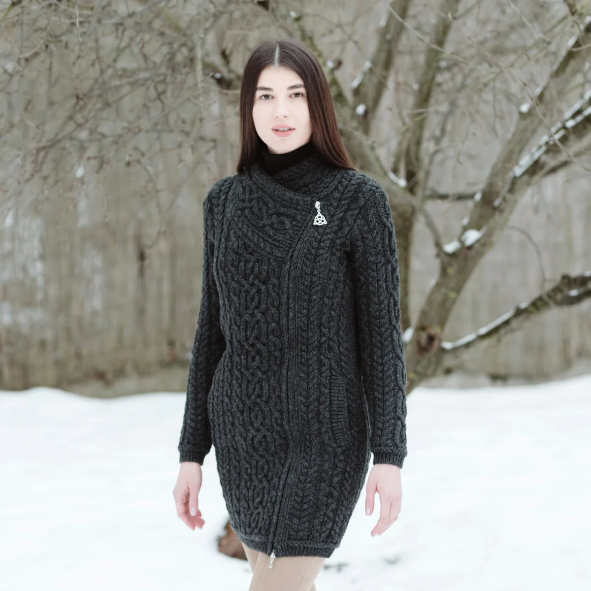 SAOL Cable Knit Side Zip Long Cardigan – 100% Merino Wool Irish Knitwear - Image 2 | CeltHaus