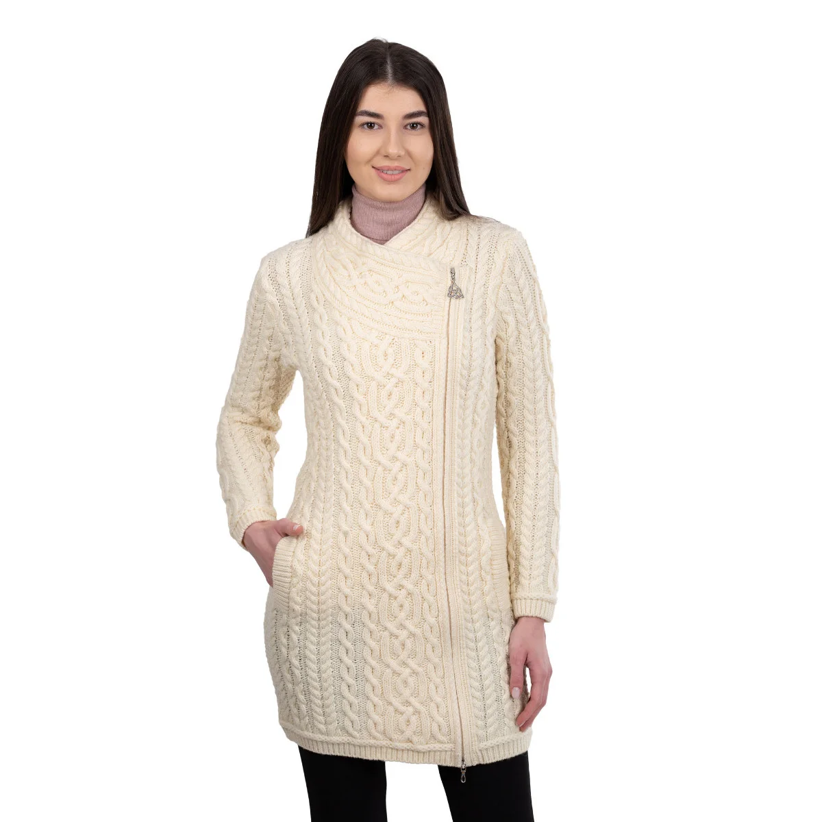 SAOL Cable Knit Side Zip Long Cardigan – 100% Merino Wool Irish Knitwear - Image 11 | CeltHaus