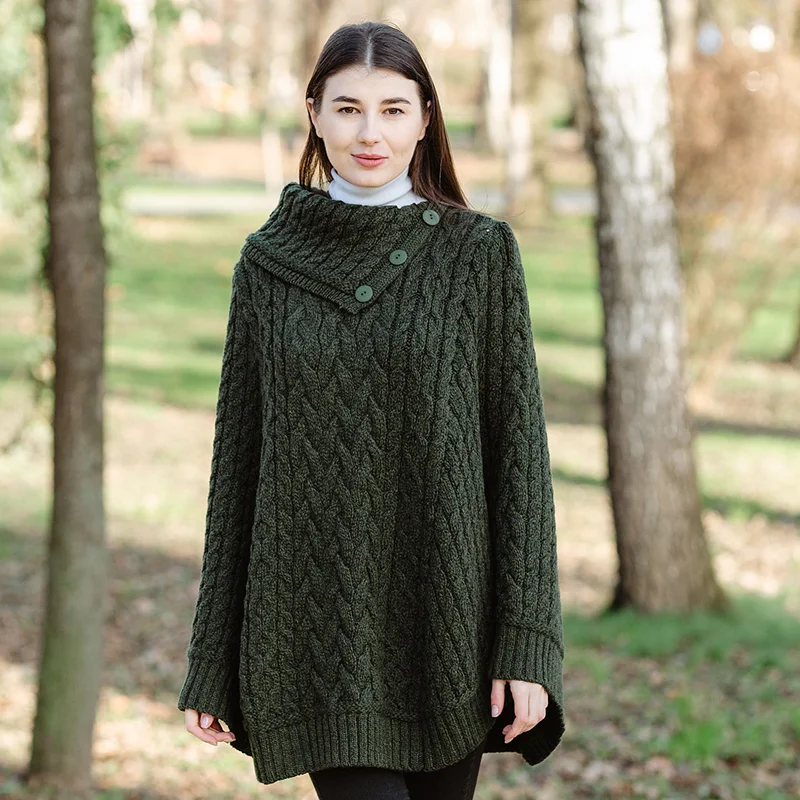 SAOL Women’s Cowl Neck Button Poncho – 100% Pure Merino Wool - Image 2 | CeltHaus