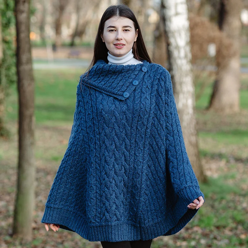 SAOL Women’s Cowl Neck Button Poncho – 100% Pure Merino Wool - Image 7 | CeltHaus
