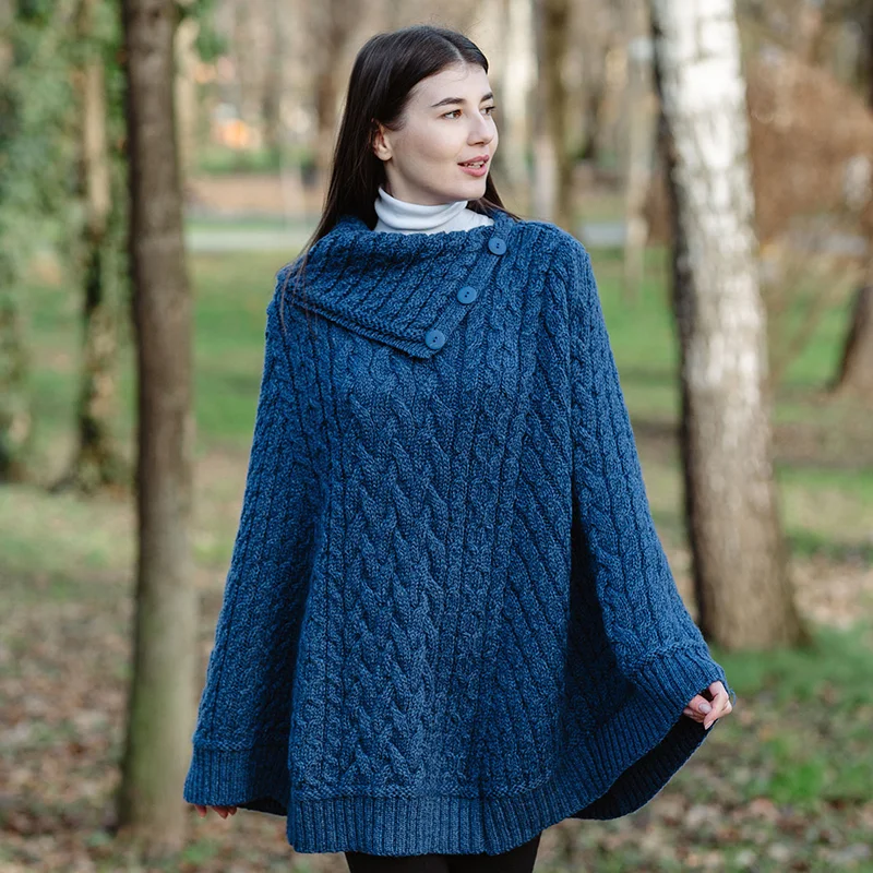 SAOL Women’s Cowl Neck Button Poncho – 100% Pure Merino Wool - Image 4 | CeltHaus