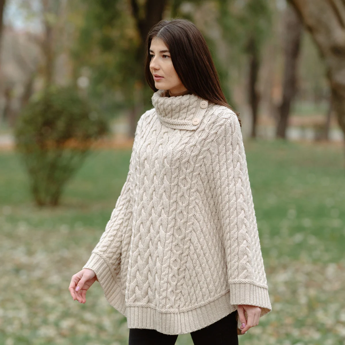 SAOL Women’s Cowl Neck Button Poncho – 100% Pure Merino Wool - Image 5 | CeltHaus