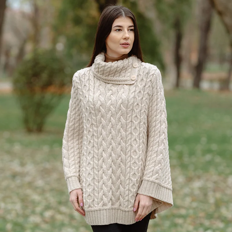 SAOL Women’s Cowl Neck Button Poncho – 100% Pure Merino Wool - Knitwear | CeltHaus