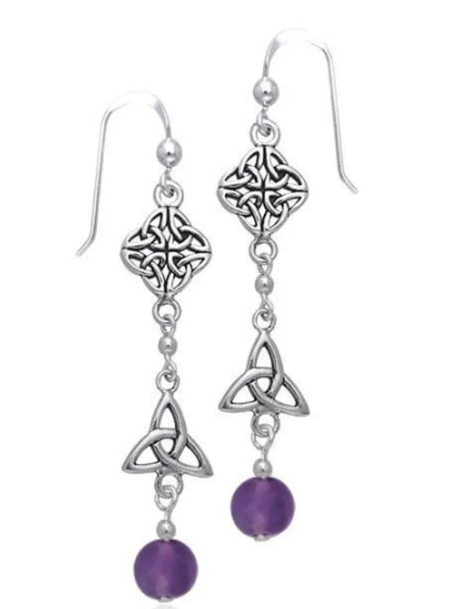 Silver Celtic Knot Drop Earrings with Amethyst Bead – Heritage Jewelry - Image 2 | CeltHaus