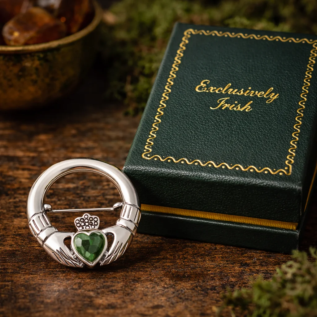 Silver Irish Claddagh Brooch with Gemstone – Celtic Heritage Jewelry Gift | CeltHaus